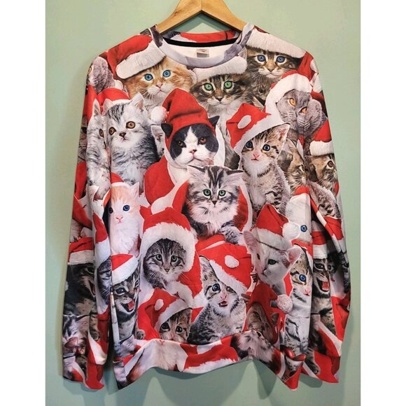Unisex Christmas Cat Crew Neck Pullover Top Sz L - Picture 1 of 6